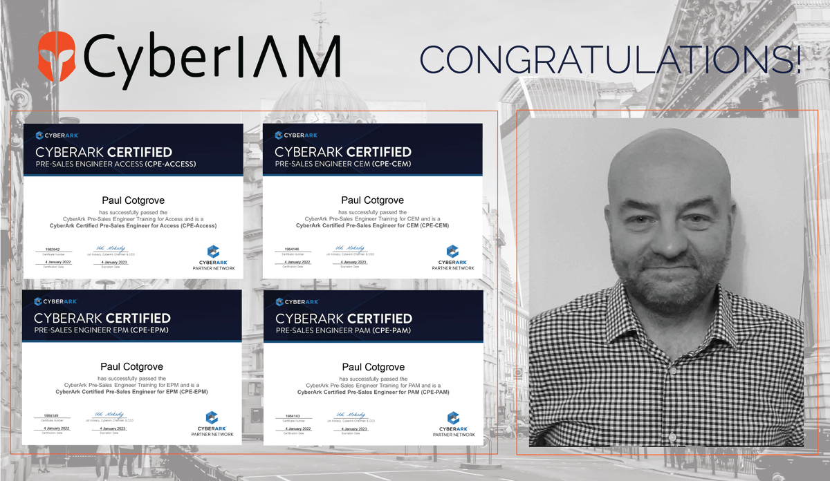CybrIam's tweet photo. Congratulations to Paul Cotgrove for successfully passing the following CyberArk certifications:

✔Pre-Sales Engineer for Access
✔Pre-Sales Engineer for CEM
✔Pre-Sales Engineer for EPM
✔Pre-Sales Engineer for PAM

 https://t.co/O3CjnYUKYF https://t.co/qjFGPB6zMi