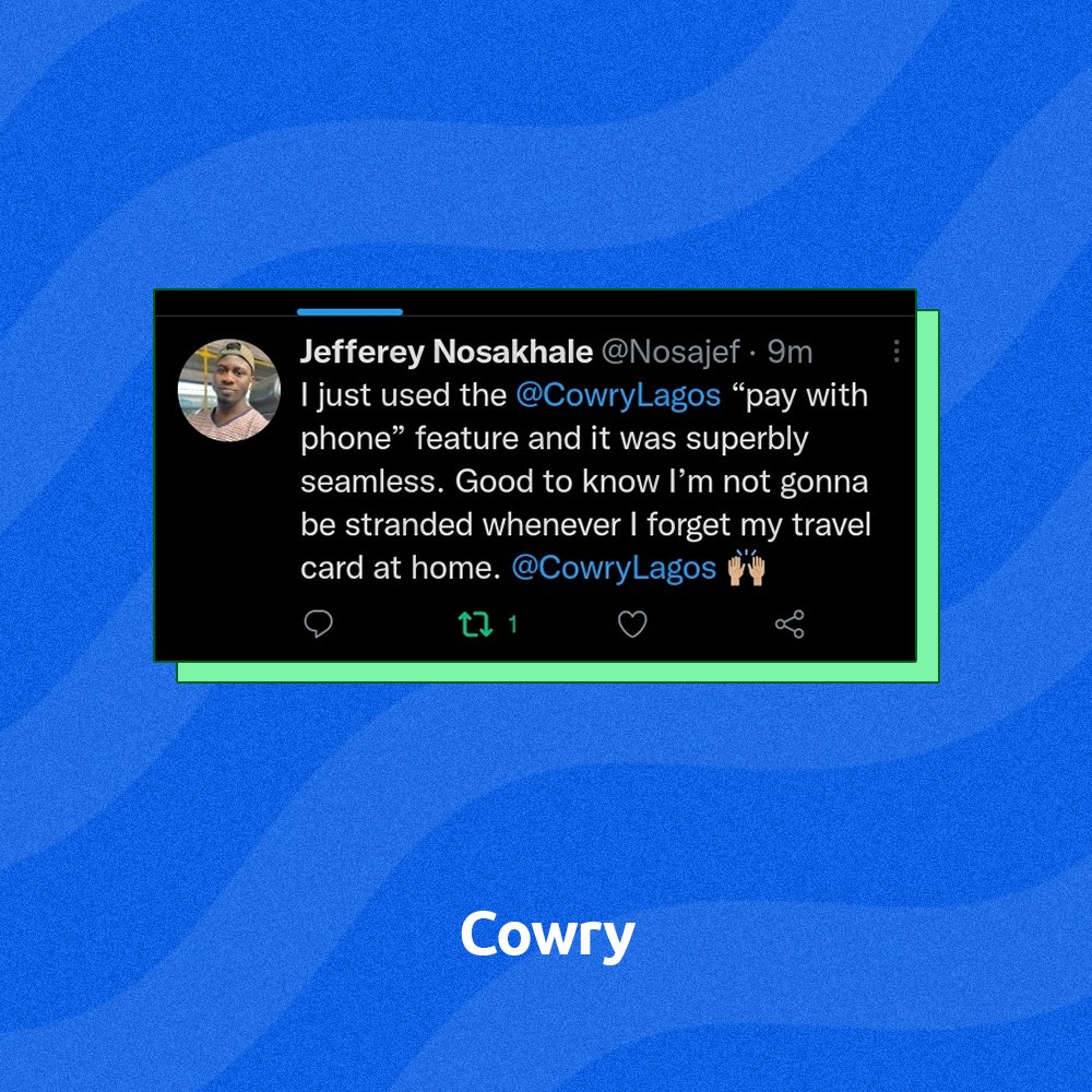 paywithcowry's tweet photo. It's a good day for a positive review of the Cowry App
.
You can download the Cowry app on Apple appstore and on Google playstore to enjoy seamless payment for transportation around Lagos
.
#CowryCard #cowry #cowryxdanfo #OneCowryOneLagos https://t.co/U0X8oh9pbU