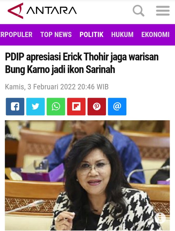 Anggota Komisi VI DPR RI Fraksi PDIP Evita Nursanty mengapresiasi langkah MenBUMN Erick Thohir yg berkomitmen melestarikan&amp; menjaga relief patung yg tersembunyi di Gedung Sarinah, yg merupakan warisan dr Presiden RI ke 1 Soekarno.
#DenganETMerdekaBerdaulat
antaranews.com/berita/2682701…