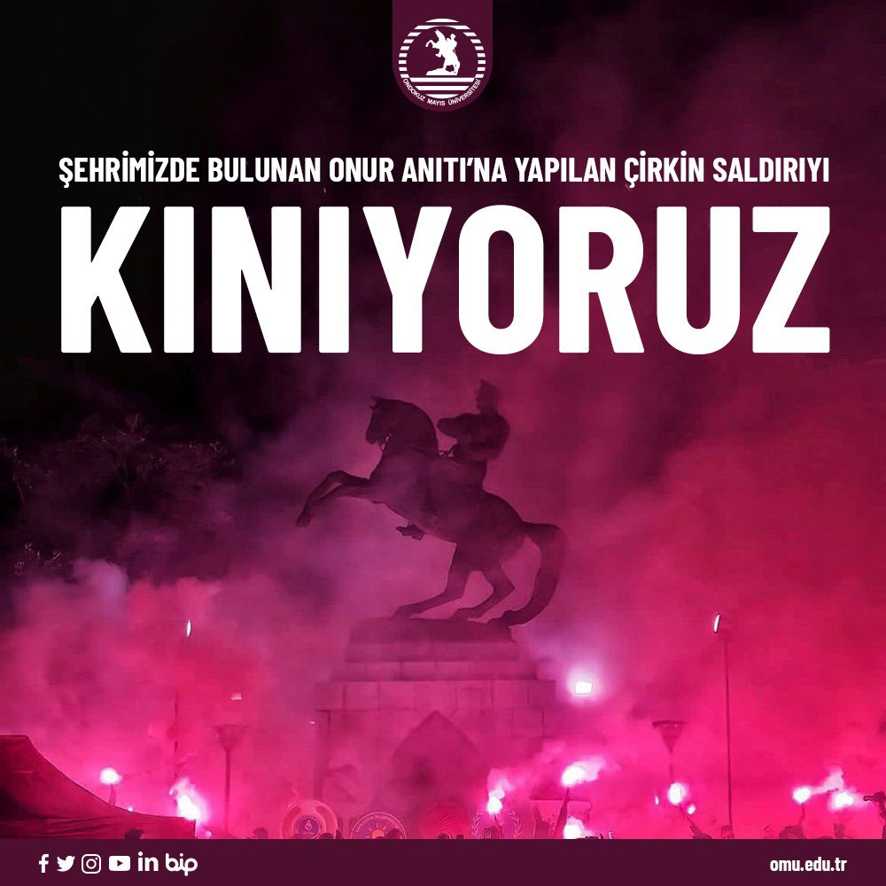 Şehrimizde bulunan Onur Anıtı'na yapılan çirkin saldırıyı kınıyor, faillerinin en kısa zamanda cezalandırılmasını diliyoruz. 

#AtatürklüArma #OnurAnıtı #Samsun