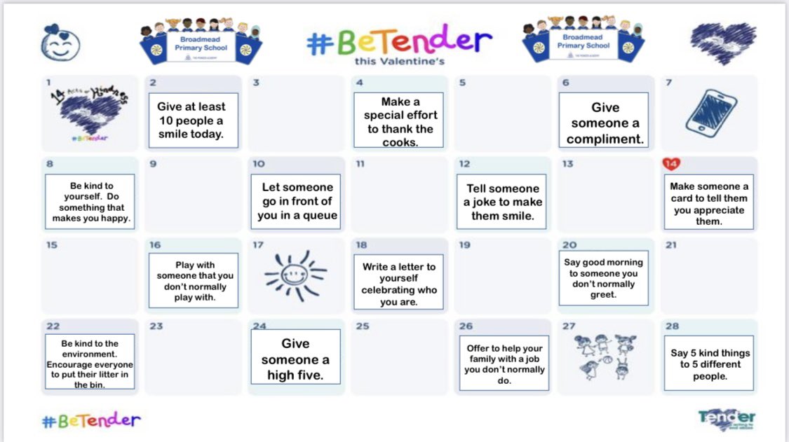 BroadmeadTPA's tweet photo. Ready for another #14ActsofKindness challenge? Rememberβ¦. Always #BeTender π #KindnessMatters #TeamBroadmead π@TenderUK https://t.co/INYVpZnD2s