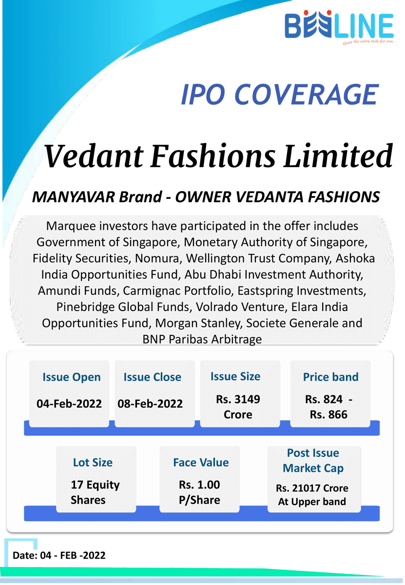 beeline_broking's tweet photo. IPO Name : Vedant Fashions Limited
Issue Period : 04- to 08-02-2022
Price Range : Rs.824 to Rs.866
Bid Lot : 17 Equity Shares and in multiples thereof
Apply IPO : https://t.co/tyECWLxuis

Click for more information : https://t.co/CTCFyTxdHZ
Disclaimer: https://t.co/gXRHbvdL9x https://t.co/opDOQLA6UN