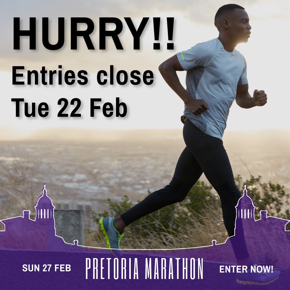 Pretoria Marathon (@pretoriamarath1) on Twitter photo The entries for the #PretoriaMarathon close on February 22. Donβt miss out and ENTER NOW before itβs too late.π
Enter here: entryninja.com/events/77440-pβ¦
<a href="/bedfitview/">BedfordviewAthletics</a> <a href="/Jeppe_Athletics/">K-Way Jeppe</a> <a href="/fatcats_ac/">Fat Cats Athletic Club</a>
#PretoriaMarathon #Roadrunning #Running #42km #21km The entries for the #PretoriaMarathon close on February 22. Donβt miss out and ENTER NOW before itβs too late.π
Enter here: entryninja.com/events/77440-pβ¦
<a href="/bedfitview/">BedfordviewAthletics</a> <a href="/Jeppe_Athletics/">K-Way Jeppe</a> <a href="/fatcats_ac/">Fat Cats Athletic Club</a>
#PretoriaMarathon #Roadrunning #Running #42km #21km