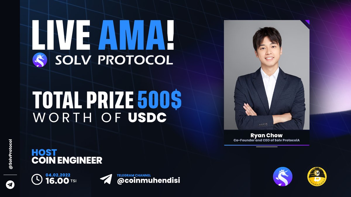 $500 değerinde $USDT Ödüllü #Solv ile AMA etkinliği düzenliyoruz.
 
AMA Tarihi : 04 Şubat - 16.00

10 adet soru ödüllendirilecek. Twitter (5) - Telegram (5) 

🔽Kurallar:

Takip Et
<a href="/coinmuhendisi/"></a>
+
<a href="/SolvProtocol/">Solv Protocol</a>

▶️Beğen, Retweet

▶️Sorunu Sor 2 Arkadaşını Etiketle ✅