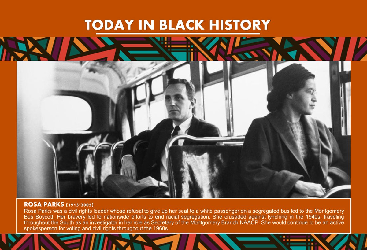 #BlackHistoryMonth ROSA PARKS (1913-2005)
Rosa Parks was a civil rights leader whose refusal to give up her seat to a white passenger on a segregated bus led to the Montgomery Bus Boycott. Her bravery led to nationwide efforts to end racial segregation.
