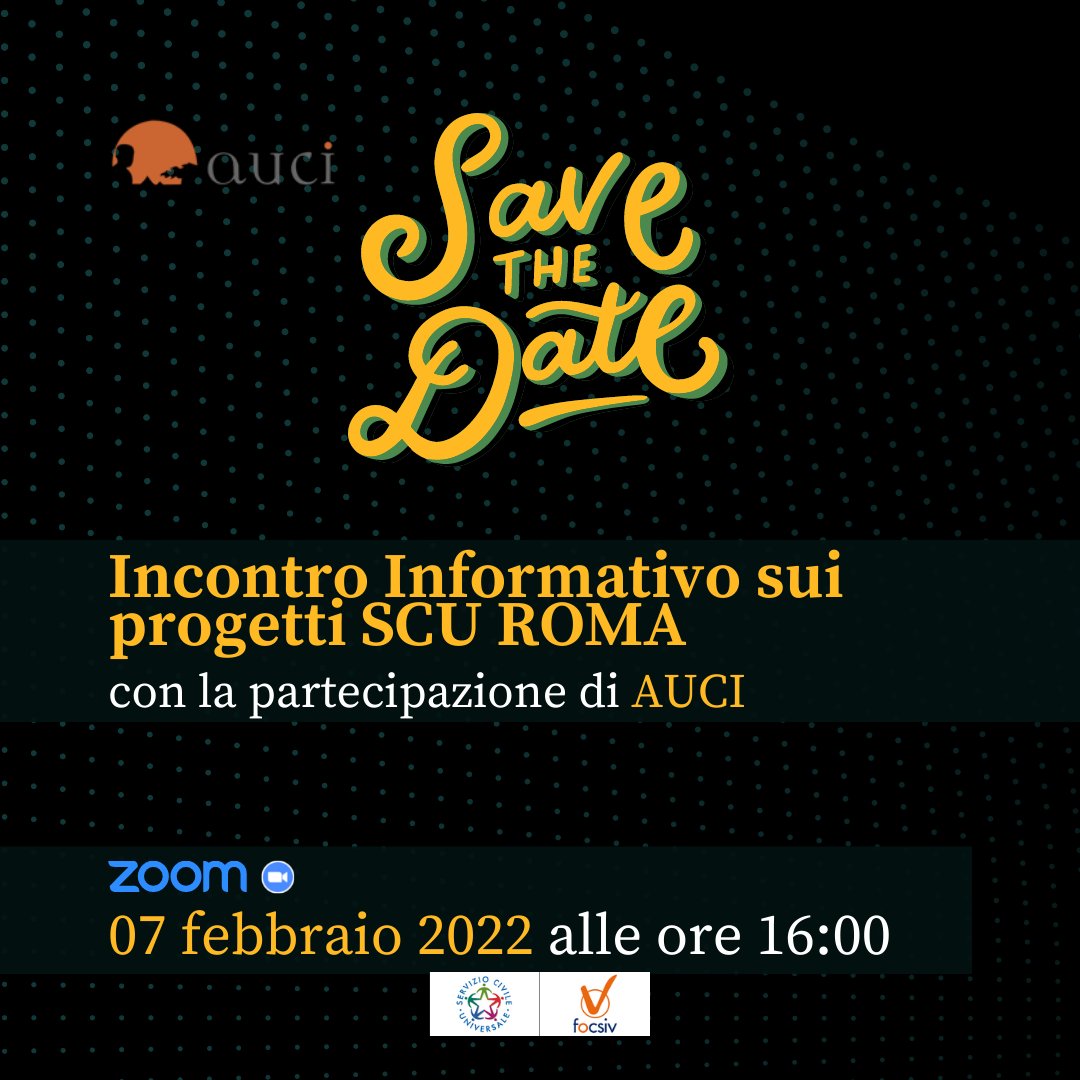 Incontro informativo sui progetti SCU #Roma #Capitale
#Lunedì 7/02 ore 16 via #Zoom <a href="/FOCSIV/">Volontari nel mondo</a> <a href="/iscoscisl/">ISCOS ets</a>   #Diritti, #Cultura e #cittadinanza per la riduzione delle #ineguaglianze Centro e #SudItalia
👉bit.ly/3ghOOMO
#auci #cisl #serviziocivile #caschibianchi #intercultura