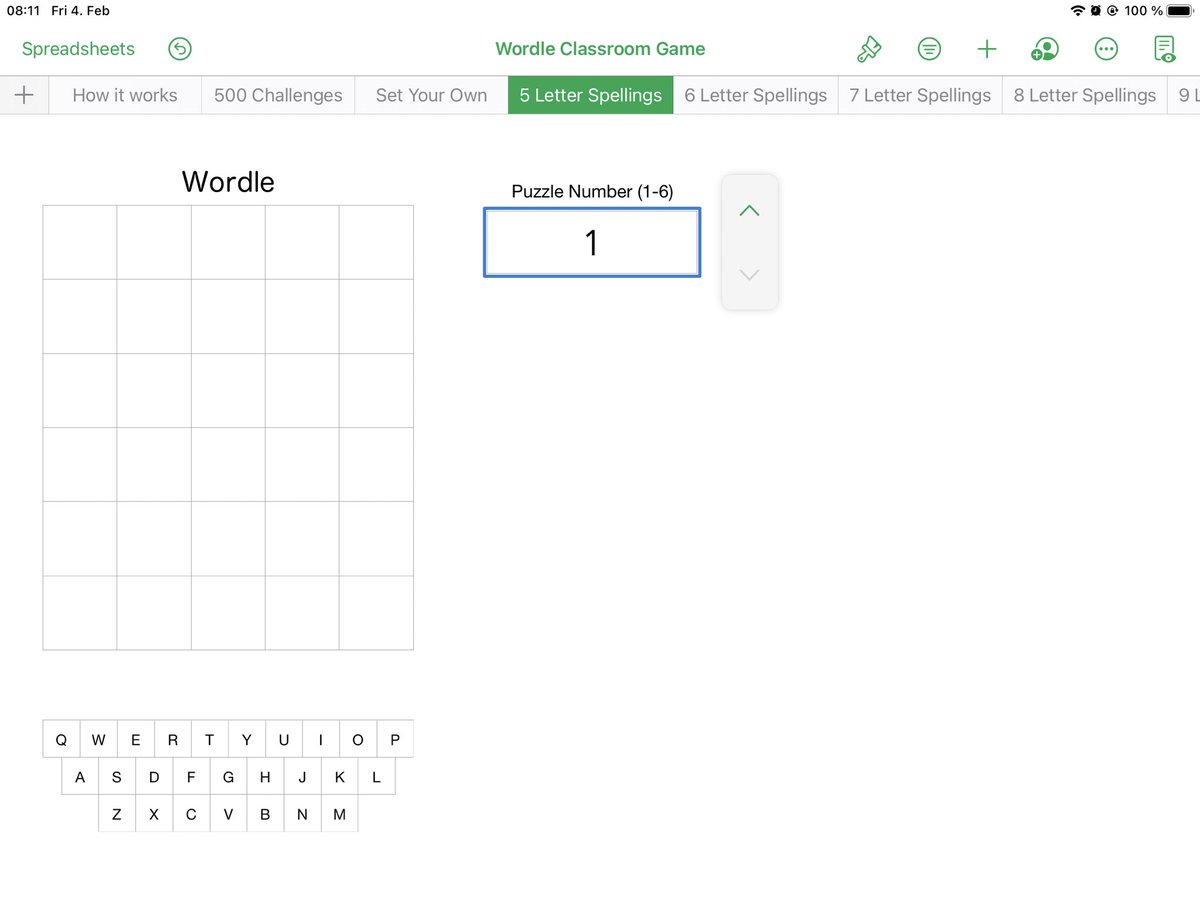 Play #Wordle in the classroom on Numbers!
500 challenges, Set Your Own, and spellings lists from the English National Curriculum with words of 5, 6, 7, 8 and 9 letters. <a href="/AppleEDU/">Apple Education</a>

I made this using conditional highlighting, INDEX, and a simple stepper. Download link in thread 😊