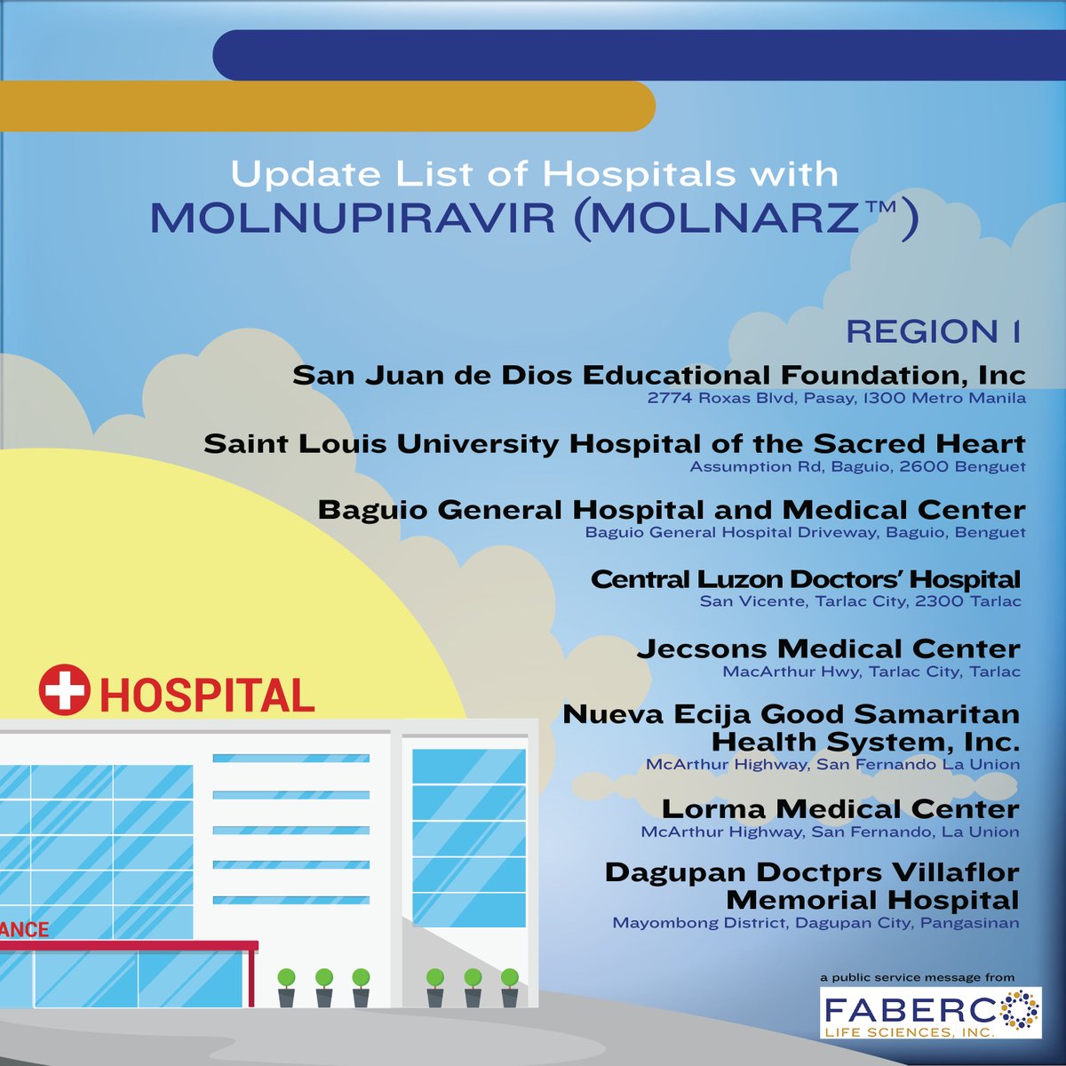 fabercolife's tweet photo. Updated List of Hospitals with Molnupiravir (MOLNARZ)
NCR, Region 1 (Ilocos Region) and 3 (Central Luzon) https://t.co/hoIqowZsb1