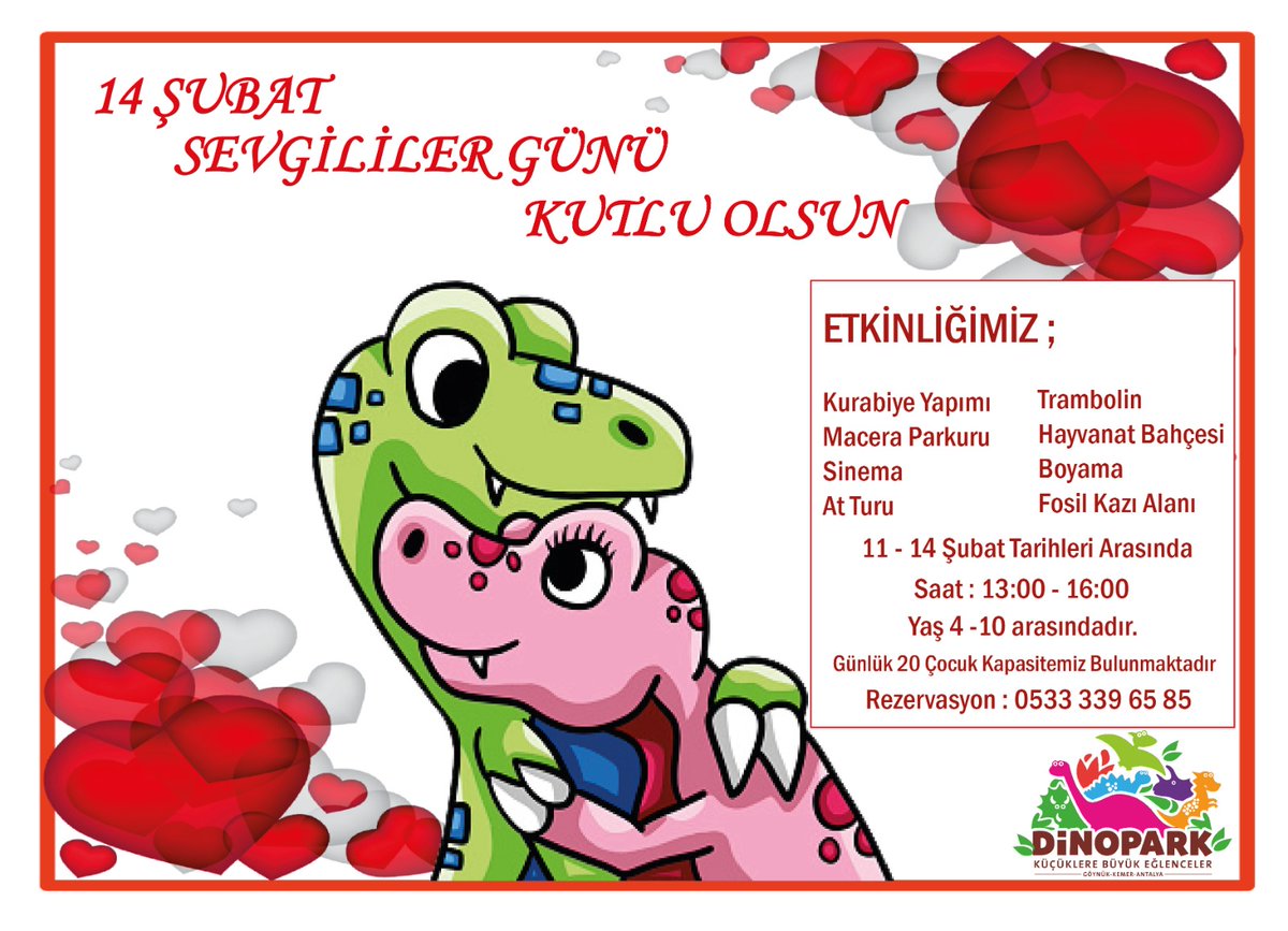 dinoparktr's tweet photo. DİNOPARK'TA SEVGİLİLER GÜNÜ ÇOCUKLARA ÖZEL🤩🥰

-Detaylı bilgi ve rezervasyon için bize ulaşın🎉

#sevgililergünü
#sevgililergunu
#dinopark
#cocuk https://t.co/LE5IMSa0BM