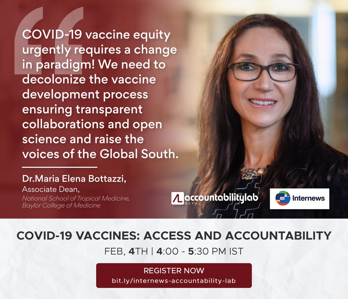 CivActs's tweet photo. Don’t miss this chance to hear from the experts on "COVID-19 Vaccines: Access and Accountability". Webinar starts today at 4:15 PM. Registration link: https://t.co/bLFCYbRvND...  #COVID19 #covidvaccine #jounalists #accountability @AccountLab @Internews @sabinvaccine @yinayan https://t.co/abRswhF6n7
