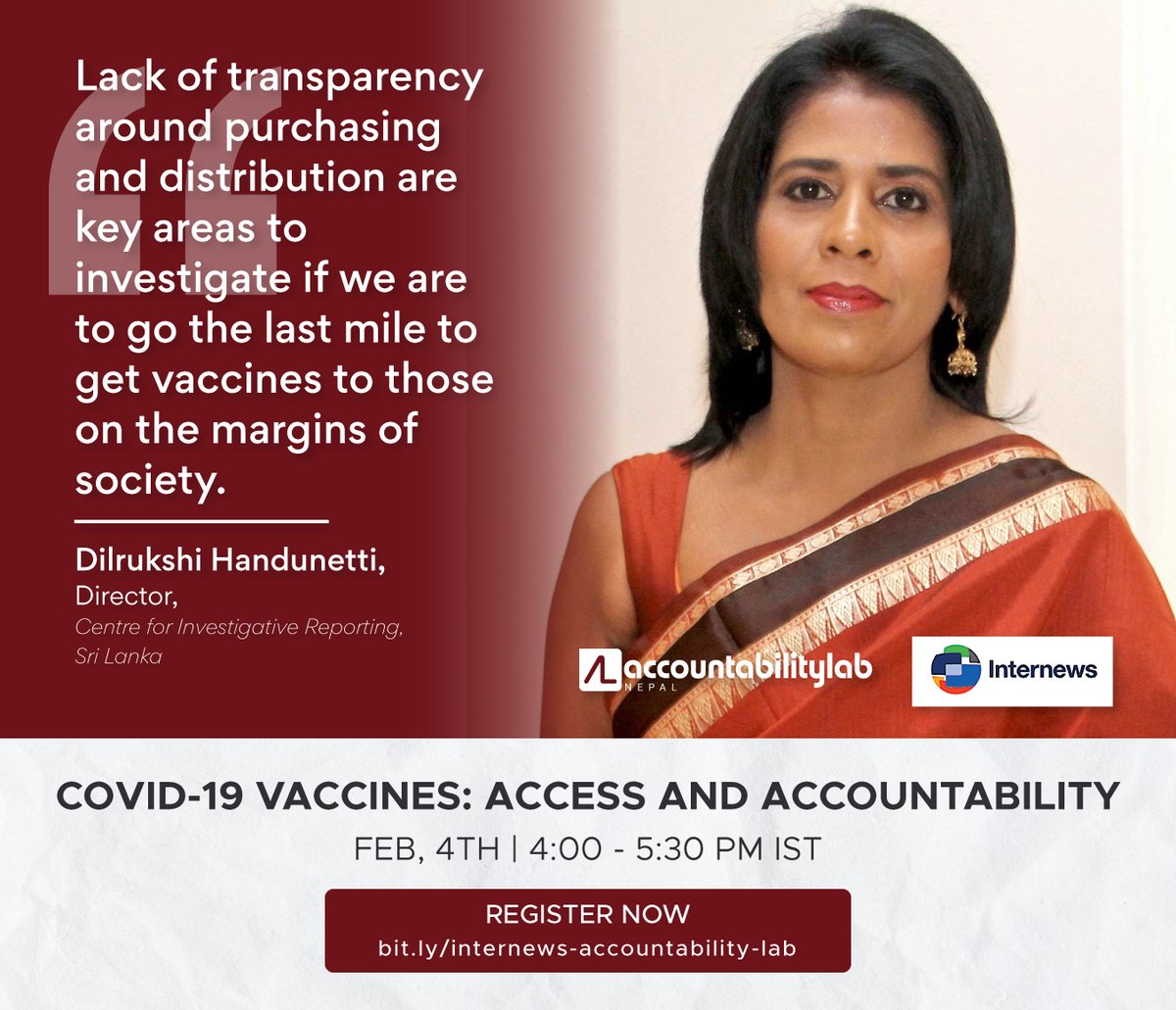 CivActs's tweet photo. Don’t miss this chance to hear from the experts on "COVID-19 Vaccines: Access and Accountability". Webinar starts today at 4:15 PM. Registration link: https://t.co/bLFCYbRvND...  #COVID19 #covidvaccine #jounalists #accountability @AccountLab @Internews @sabinvaccine @yinayan https://t.co/abRswhF6n7