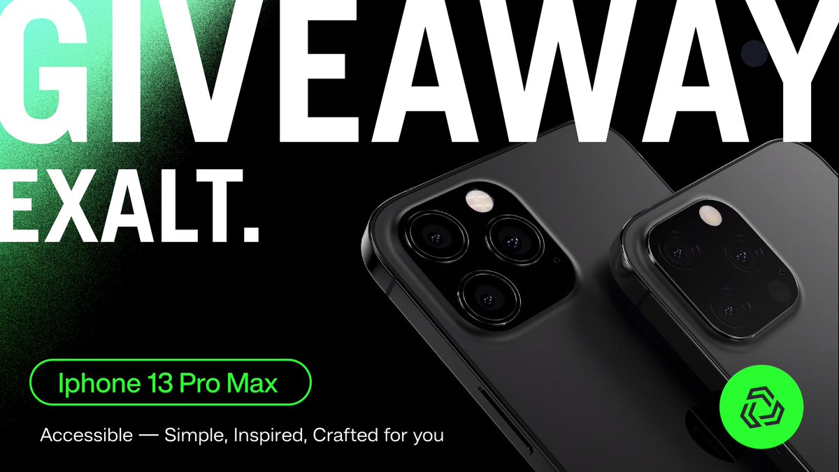 iPhone 13 Pro Max  Giveaway. Starts today! 
1. Follow <a href="/exaltcoin/">Exalt Coin</a> Twitter Account 
2. Join Exalt Telegram > t.me/exaltcoinint
3. Like &amp; Retweet pinned tweet on Exalt official Twitter
4. Tag 5 Friend.  
This giveaway ends on February 15, 2022. 
#Giveaway #iPhone13ProMax