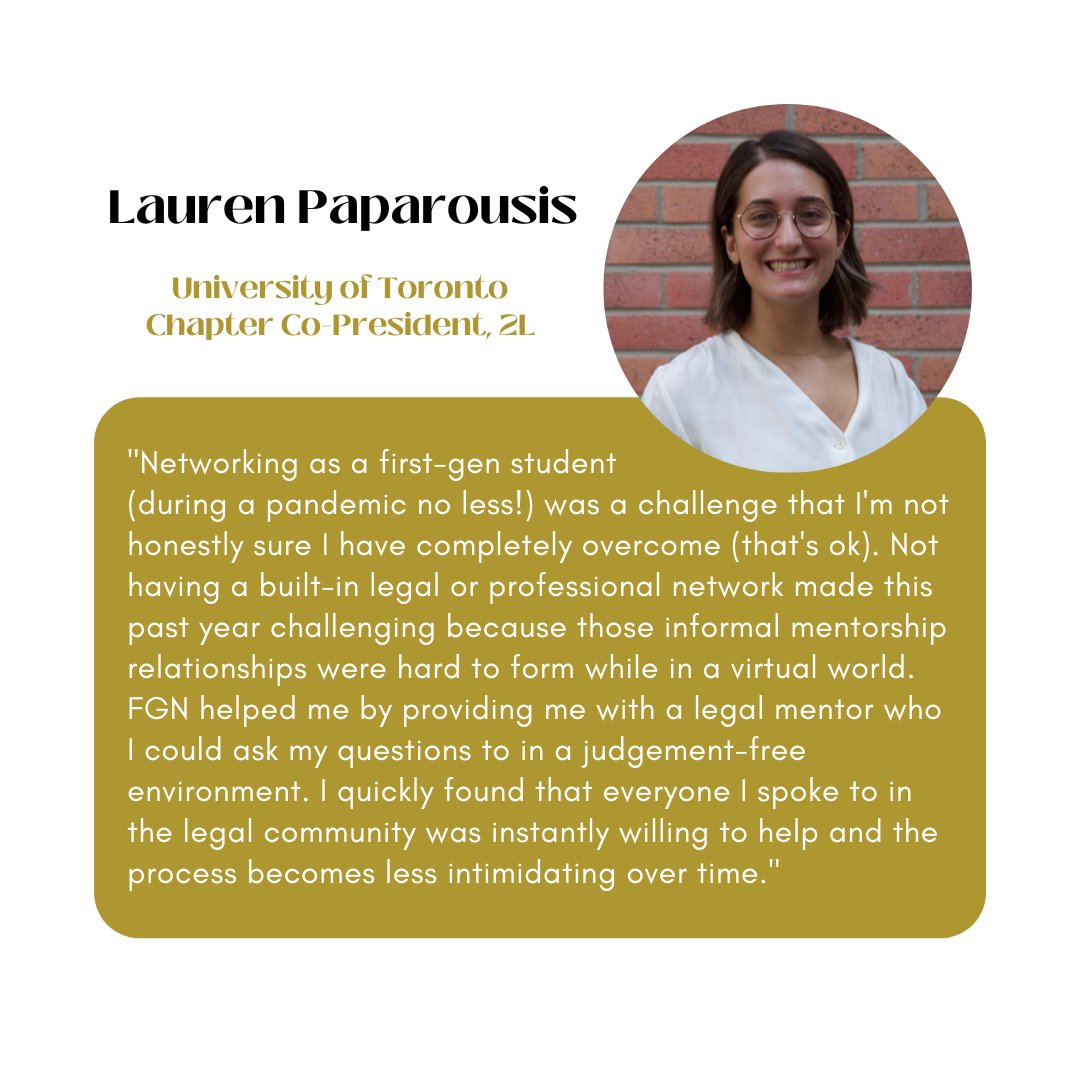 FGNCanada's tweet photo. Part 3/3: Learn how the First Generation Network has helped our various Chapter Presidents &amp; Co-Presidents overcome their struggles faced as a first generation law student!
#firstgenerationnetwork #fgn #mentorshipprogram #canadianlawstudents https://t.co/pCW7oq4EhR