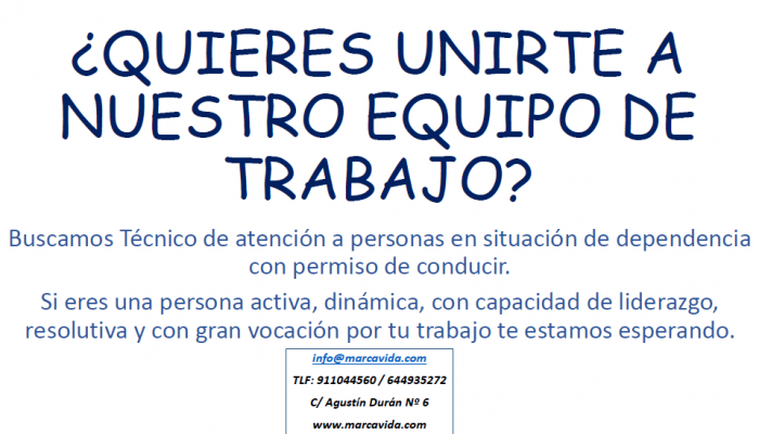 En <a href="/marcavida_CD/">MARCA VIDA</a> estamos buscando auxiliares de geriatría con titulación oficial, o bien, con certificado de profesionalidad, y con carnet de conducir. 
info@marcavida.com
911 044 560
644 935 272
marcavida.com

#trabajo #ofertalaboral #empleo #auxiliar #carnetdeconducir