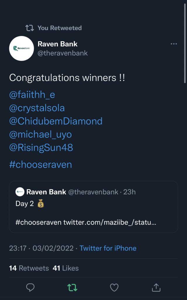maziibe_'s tweet photo. Congratulations to yesterday’s winners. 

Day 3.

N5,000 to 5 people each tonight courtesy of @theravenbank. 

All you have to do is FOLLOW @theravenbank, RETWEET this post and REPLY with proof that you’re following them (screenshot).

Lucky Winners will be picked later tonight . https://t.co/W0uPcIJ7Rc