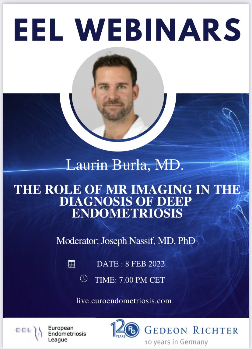 The next EEL Webinar, ‘The Role of MR Imaging in The Diagnosis of Deep Endometriosis’ by Laurin Burla, MD. will be on 🗓 8 Feb 2022 ⏰ 7.00 pm CET. Joseph Nassif, MD., PhD. will moderate the webinar. You can register via the link below👇🏻 live.euroendometriosis.com.