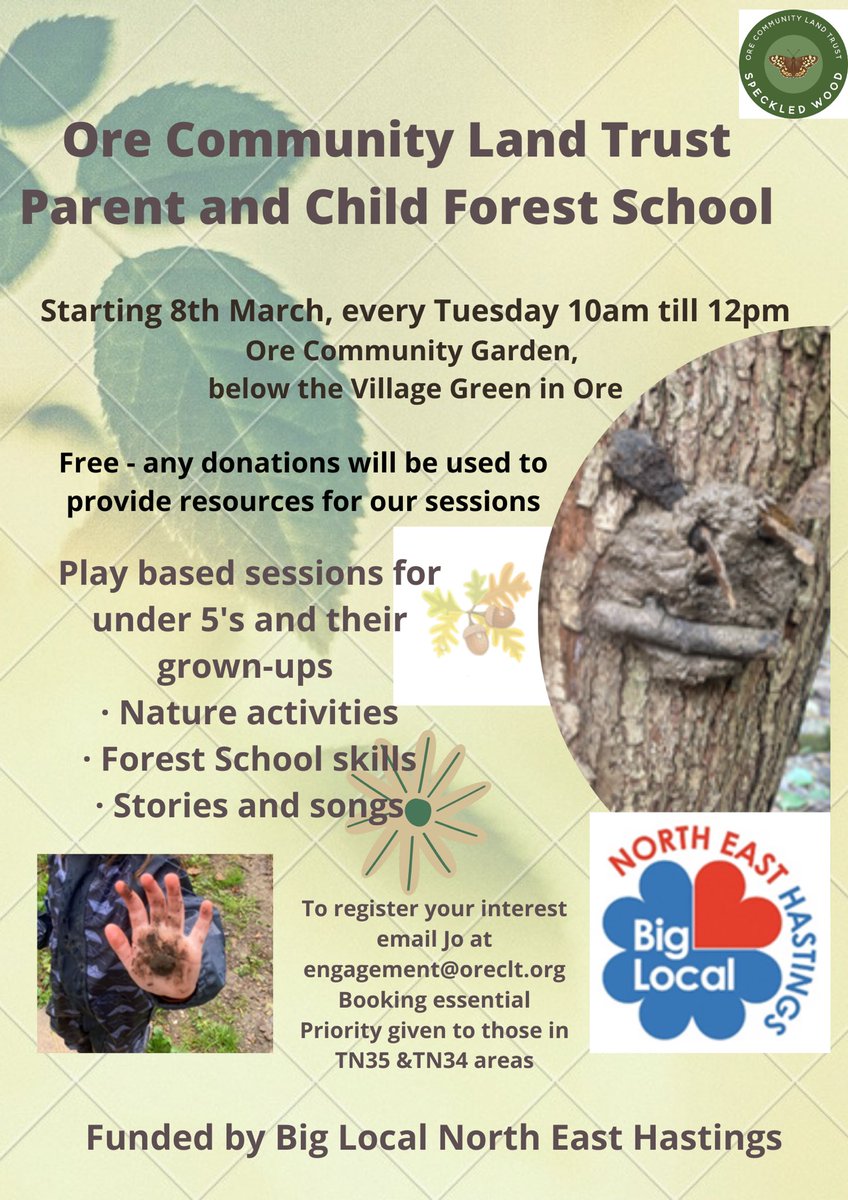 Starting in March, Parent and Child Forest School group, Tuesdays 10am till 12pm at the Community Garden. Email Jo engagement@oreclt.org to register. Booking essential. Priority given to those in TN35 &amp; TN34 areas