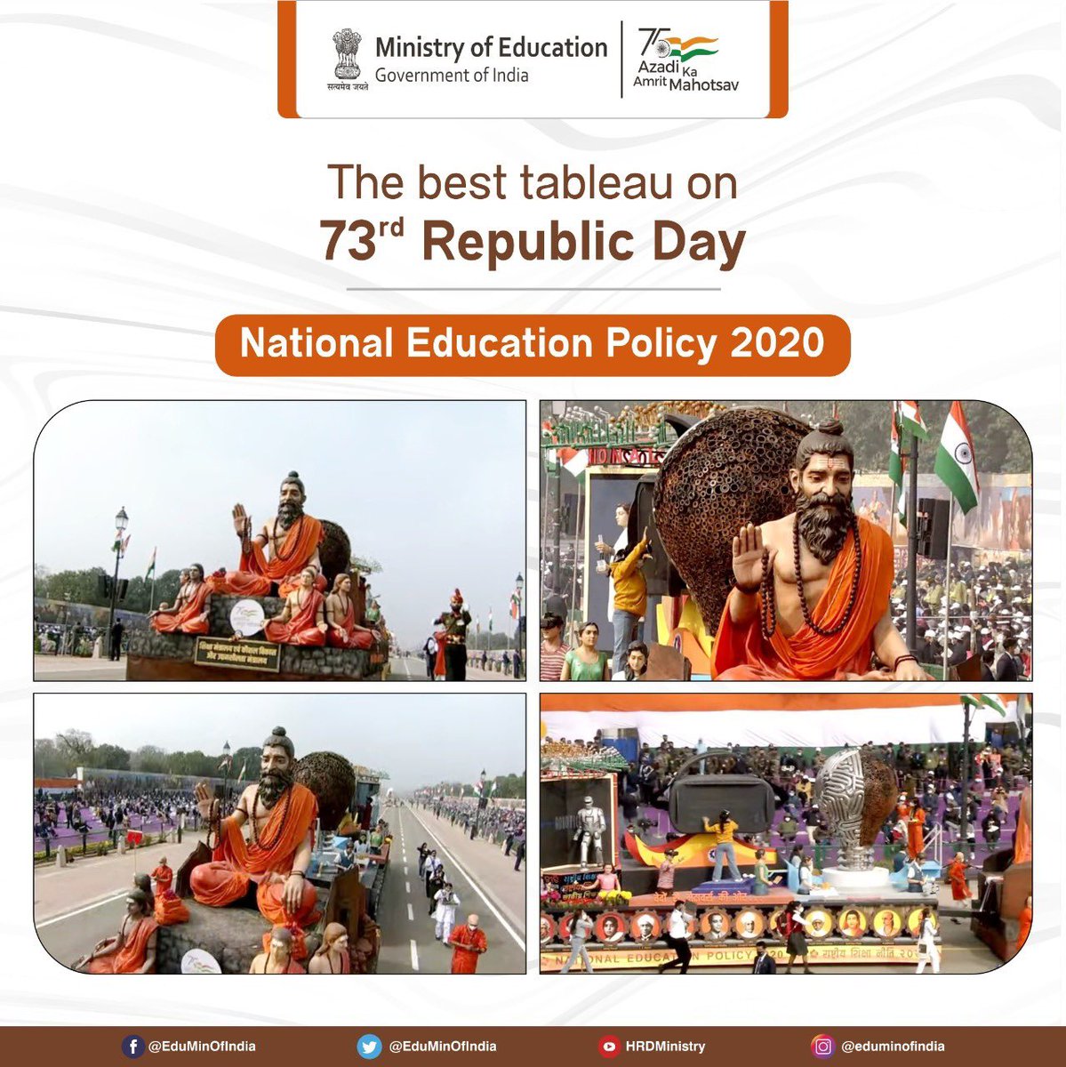 Ministry of Education (@eduminofindia) on Twitter photo A moment of Pride!
The Ministry of Education won the best tableau award presented on the 73rd #RepublicDay. The <a href="/EduMinOfIndia/">Ministry of Education</a> showcased the key aspects of #NEP2020 through the theme ‘Vedas to Metaverse’. A moment of Pride!
The Ministry of Education won the best tableau award presented on the 73rd #RepublicDay. The <a href="/EduMinOfIndia/">Ministry of Education</a> showcased the key aspects of #NEP2020 through the theme ‘Vedas to Metaverse’.