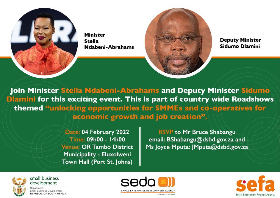 ZimTalksZA's tweet image. Small Business Development Minister @Stellarated and Deputy Minister Sidumo Dlamini will today engage O. R. Tambo SMMEs in Port St Johns. This is part of the roadshow themed “unlocking opportunities for SMMEs and co-operatives for economic growth and job creation.”