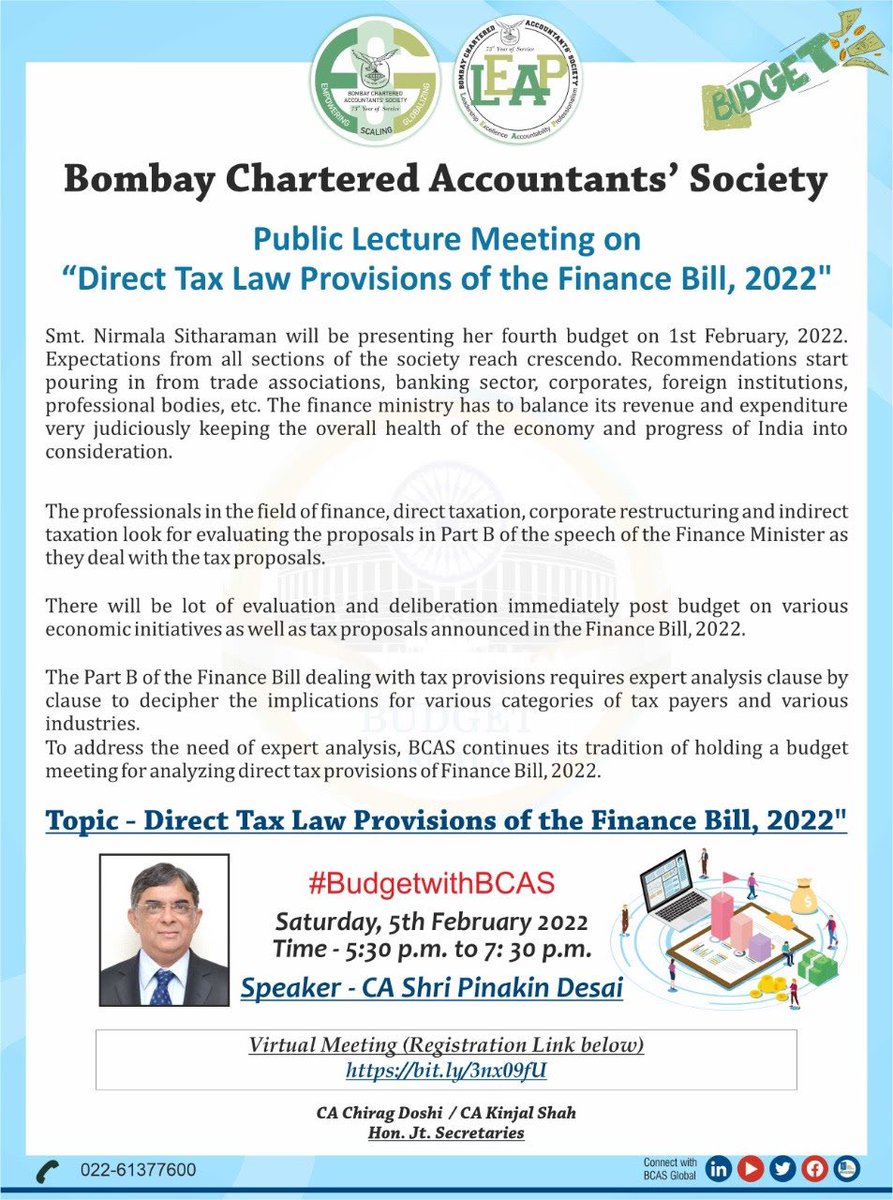 bcasglobal's tweet photo. #BudgetwithBCAS

BCAS announces the Public Lecture Meeting” on ‘Direct Tax Provisions of the Finance Bill, 2022' by CA Shri Pinakin Desai.

Details: https://t.co/QRvOy1QeBn 
Registration: https://t.co/33PdGDyvzy https://t.co/pLl5lA3o5F