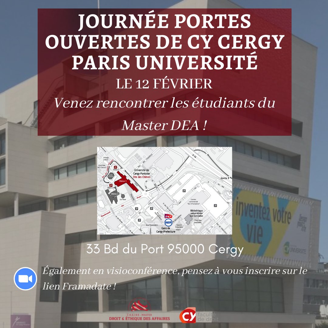 [JPO] Venez à notre rencontre lors de la Journée Portes Ouvertes de CY Cergy Paris Université pour apprendre sur les études de droit et 

Pour participer à distance, s'inscrire en cliquant sur le lien suivant : lnkd.in/dETi-kzN
Un lien de connexion vous sera communiqué.