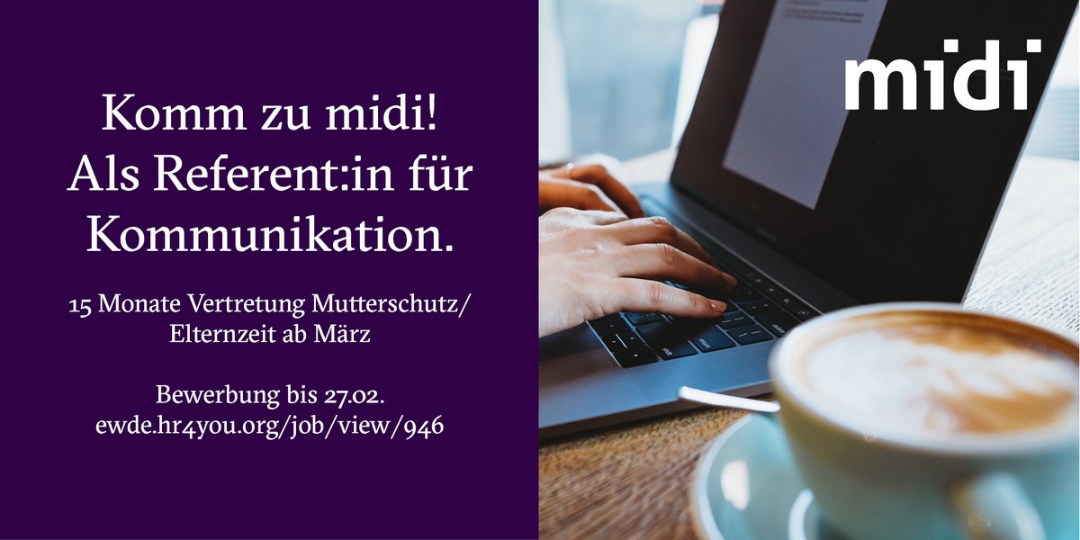 #Stellenangebot Wir suchen eine:n Referent:in #Kommunikation (100%) als Vertretung Mutterschutz/Elternzeit für 15 Monate ab März: ewde.hr4you.org/job/view/946/
#digitaleKirche <a href="/EKD/">Evangelische Kirche</a> <a href="/diakonie/">Diakonie Deutschland</a> <a href="/GesinesJobtipps/">Gesines Jobtipps</a>
