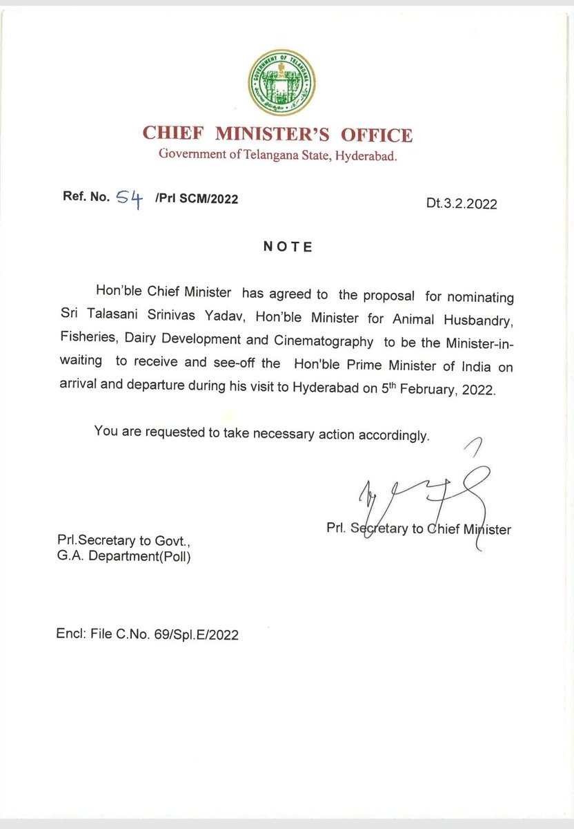 pradeeepjourno's tweet image. Sending a political message to non BJP parties, @TelanganaCMO #KCR is not receiving PM #Modi on his visit to Hyderabad. 

 ప్రధాని రేపటి హైదరాబాద్ పర్యటన సందర్భంగా ఆయనకు స్వాగతం పలికే బాధ్యతను మంత్రి తలసాని శ్రీనివాస్ కు అప్పగించిన కేసిఆర్. 

 #PoliticalMessage to