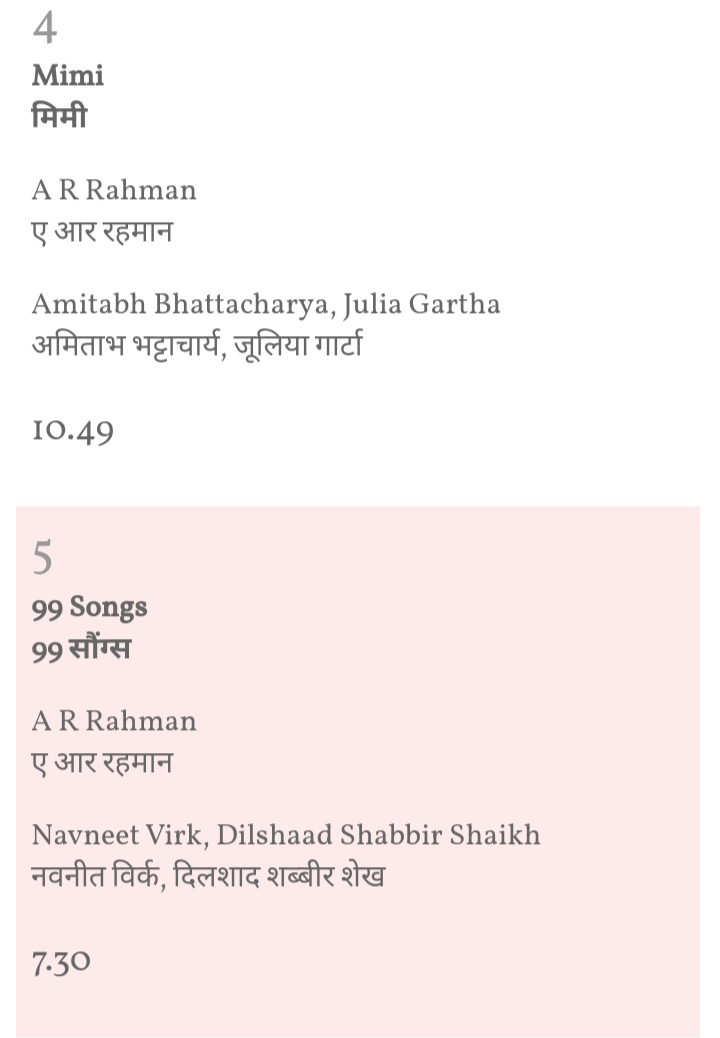 Top 5 Albums of The Year #RMIM 

#1 #AtrangiRe
#4 #Mimi
#5 #99Songs 

#ARRahman @arrahman ✨