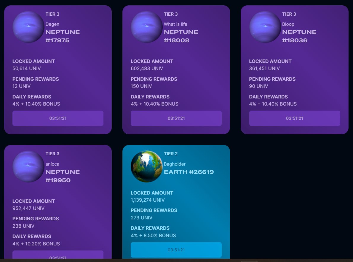 defipaca's tweet photo. IMO programmable NFTs with utilities will be the next big thing!  

E.g.

$univ planets NFTs are like fixed income plans BUT liquid which you can transfer/sell + way more fun and pretty than tradfi products✨ https://t.co/08GPgkufvr