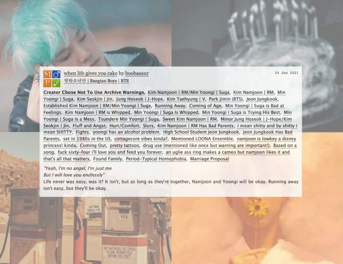 when life gives you cake

● #namgi
● 20k oneshot
● for <a href="/hyunglinefest/">Hyung Line Fest: PERMANENTLY CLOSED</a>

-------
!! period typical homophobia
● set in the 1980s // cottagecore vibes
● established relationship, new beginnings, angst with happy ending
● based on 'Endlessly' by The Cab

archiveofourown.org/works/31977136