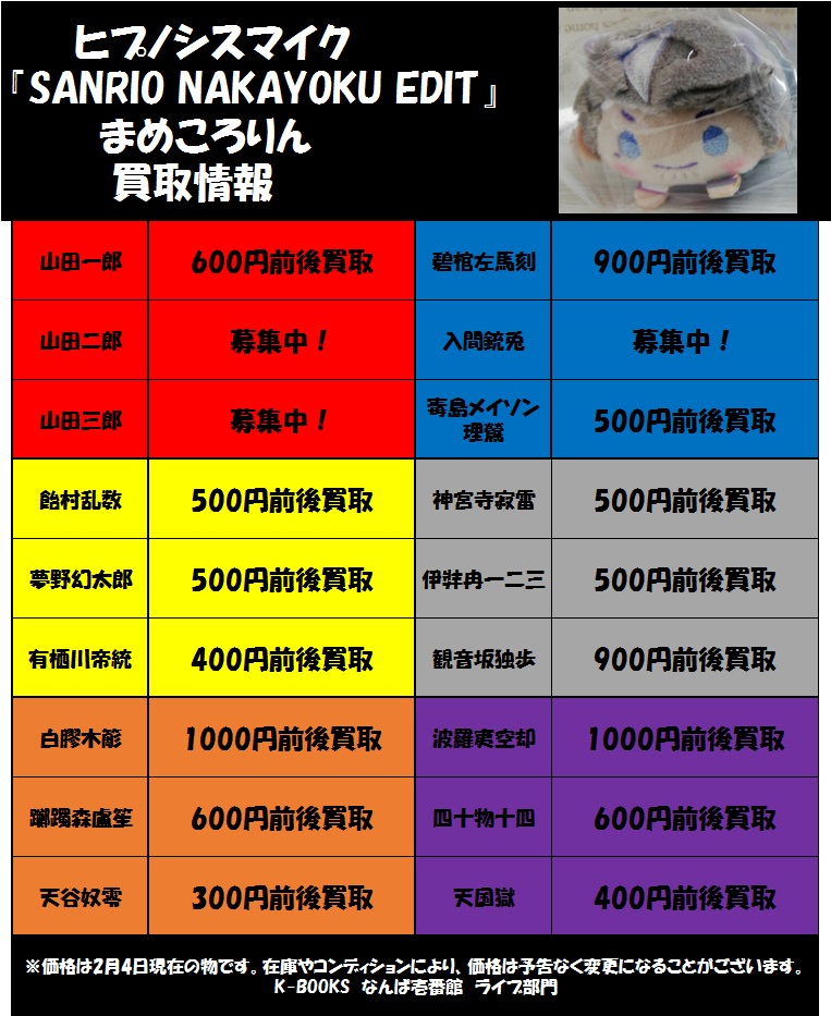 買取情報】 「ヒプノシスマイク」 『SANRIO NAKAYOKU EDIT』 まめころ