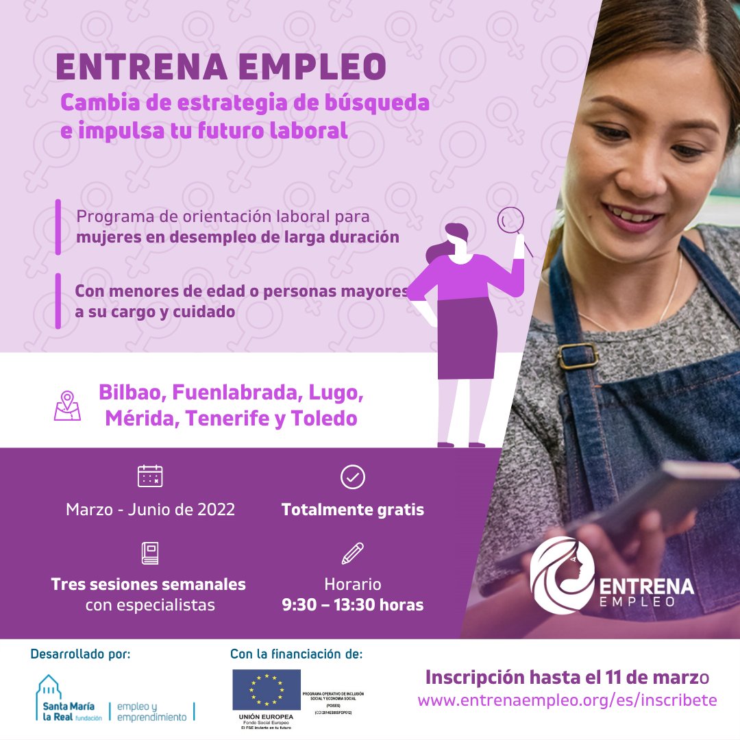 AreaEmpleoFSMLR's tweet photo. 📢💜 #BuenasNoticias! 🔜 En #marzo comienzan los #ProyectosPiloto de #EntrenaEmpleo para mejorar la #empleabilidad 🎯 y la #inserción 💼 de #mujeres 🙋‍♀️en #desempleodelargaduración tras dedicarse a la #maternidad 🤰🤱o al #cuidado de #familiares 👵🧓👴 https://t.co/kl2dlbzOvx https://t.co/GaOoftxEfV