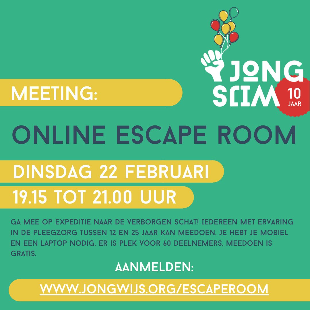 De jongeren van <a href="/JongWijs/">JongWijs</a> organiseren weer een toffe online meeting voor alle jongeren met ervaring in de pleegzorg tussen 12 en 25 jaar. Doe je ook mee met de online escape room? Meer informatie 👉 jongwijs.org/escaperoom
