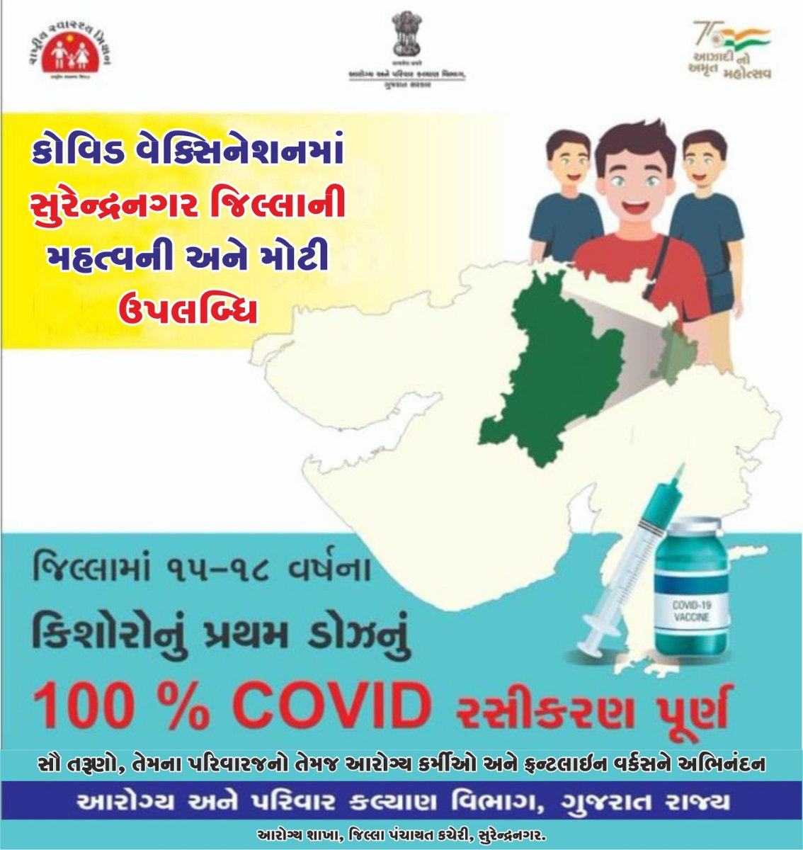 Today, we achieved 100% first dose vaccination in the age group 15-17. @CollectorSRN @DDOSURENDRANAGR @mdnhmgujarat @GujHFWDept