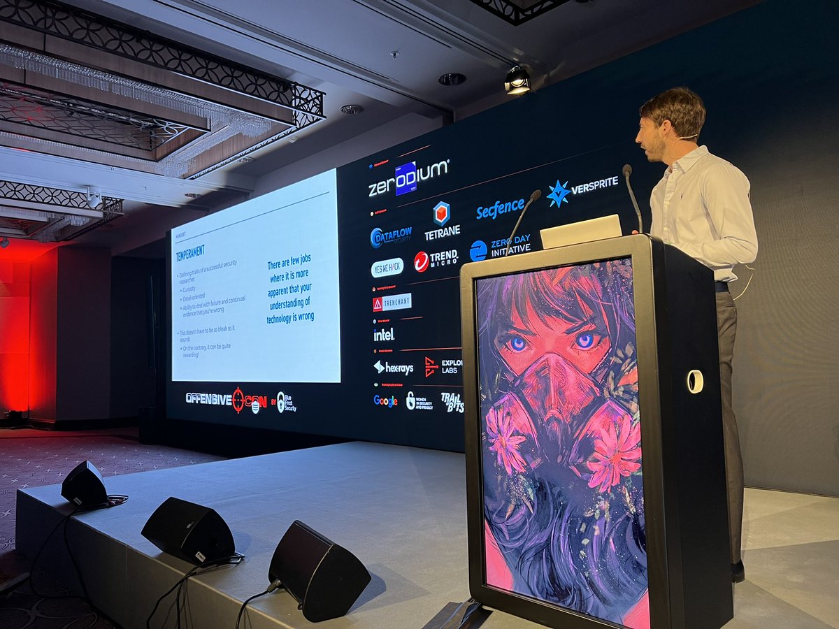 "There are a few jobs where it is more apparent that your understanding of technology is wrong" -- <a href="/mdowd/">mdowd</a>'s keynote discussing professional vulnerability research at <a href="/offensive_con/">offensivecon</a>