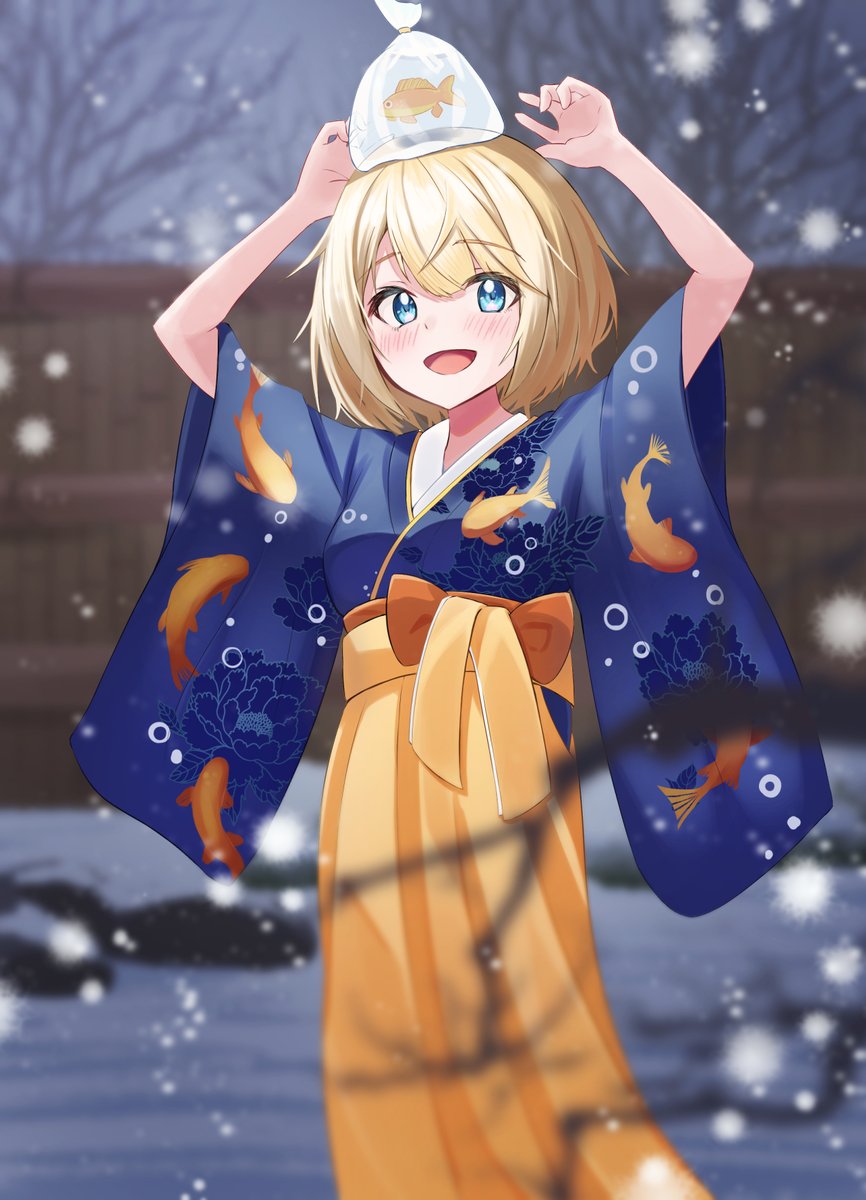 watson amelia 1girl japanese clothes blonde hair kimono fish bob cut blue eyes  illustration images