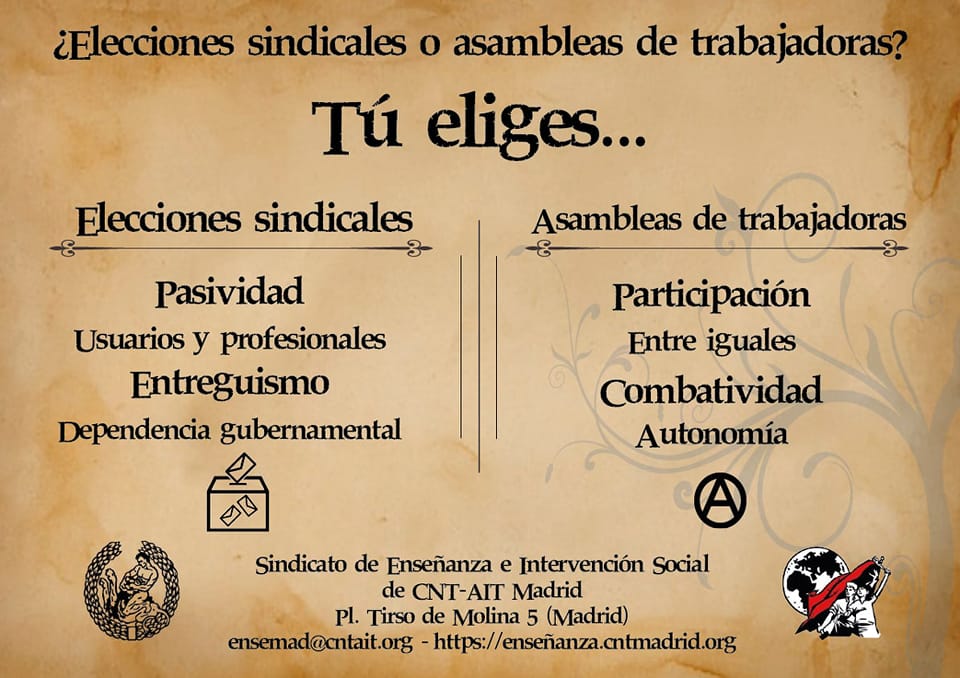 ¿Qué diferencia CNT-AIT del resto de sindicatos? 
La elección de un modelo basado en las secciones sindicales (horizontalidad), el rechazo de los profesionales del sindicalismo (liberados), la total autonomía (autogestión). Únete a la CNT-AIT!!
