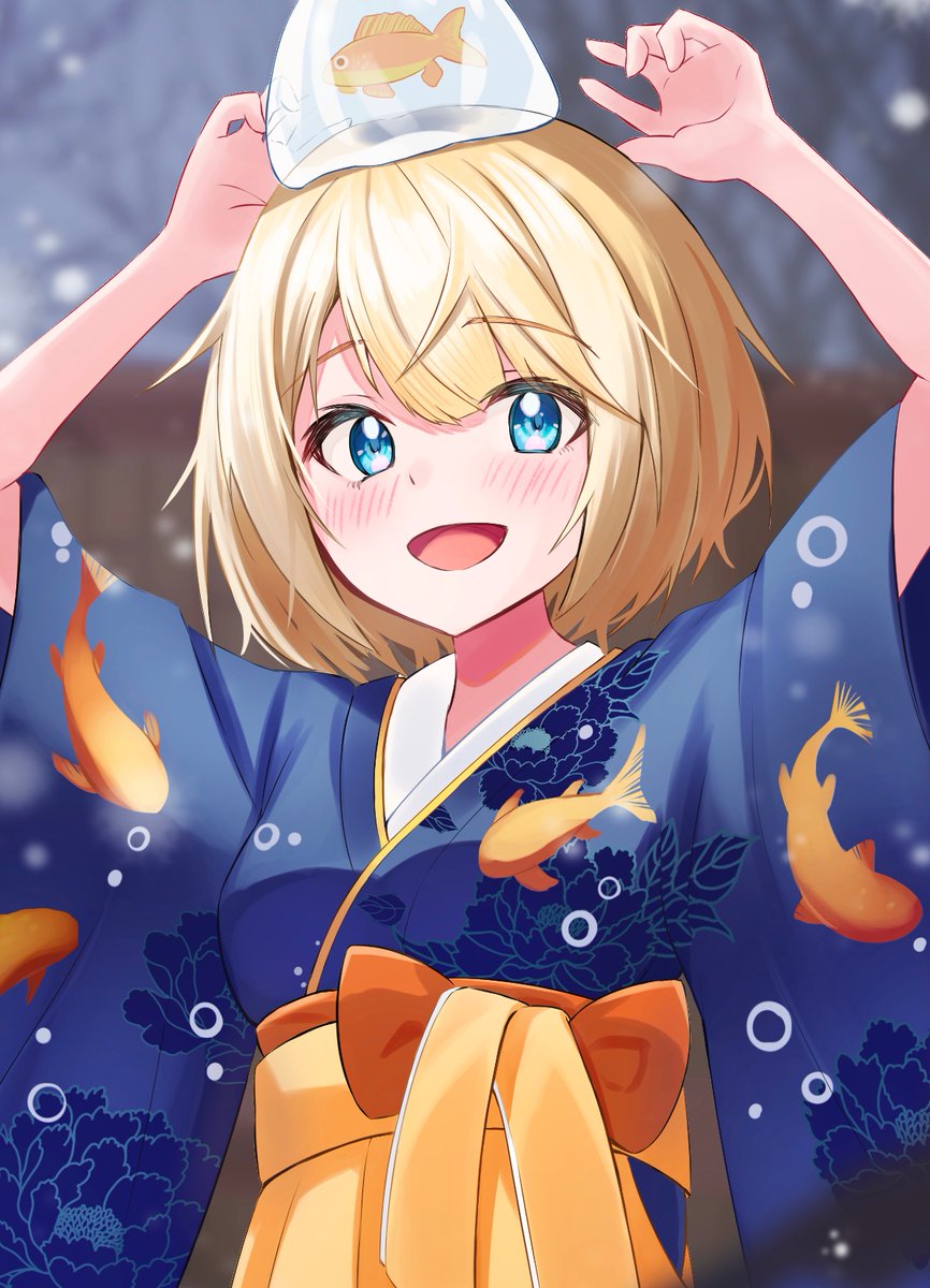 watson amelia 1girl japanese clothes blonde hair kimono fish bob cut blue eyes  illustration images