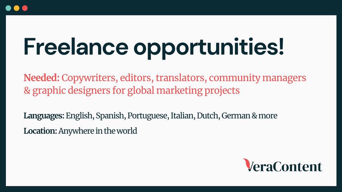 Are you a freelance writer, translator, editor, social media specialist or graphic designer? Then get in touch!

We have new projects coming up all the time and you might be the perfect fit!

Apply here: veracontent.com/job-applicatio…

#freelancejobs #werehiring