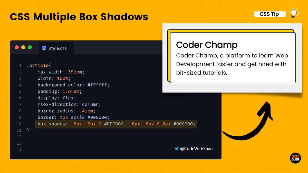codewithshan's tweet photo. CSS Tip ⚡ Multiple Box shadows

🔥 box-shadow accepts six values 

👉 (x y blur spread color inset)

👋 You can add a comma and then utilize multiple CSS box shadows

🤯 All shadows start from the base

❓ Your recent use-case with box-shadow? https://t.co/nOzsifa8BS