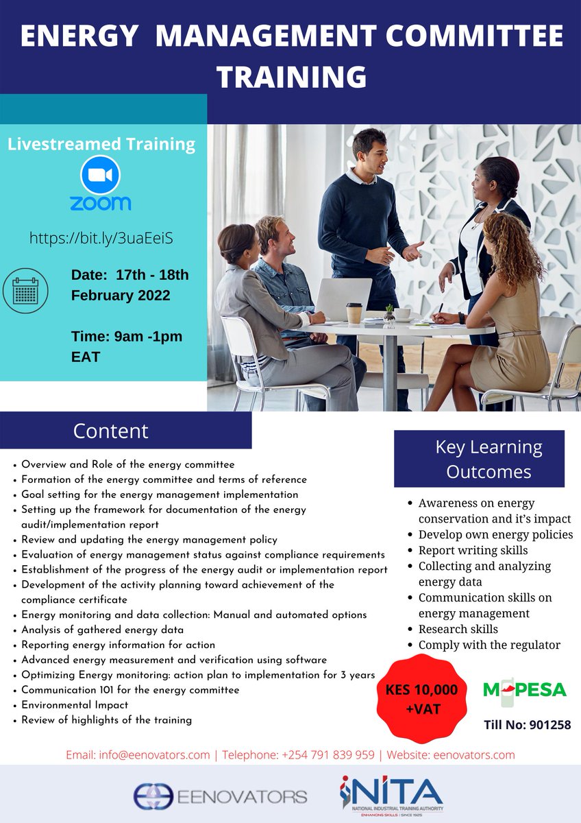 Eenovators's tweet photo. Our next online training this month is the Energy Management Committee training happening on 17th and 18th from 9am - 1 pm EAT.
Registrations are open here; https://t.co/exuGTTJnOO
Call/Text/WhatsApp or send an email to Karen at 0725144570/karen@eenovators.com https://t.co/cAjnoqHCm0