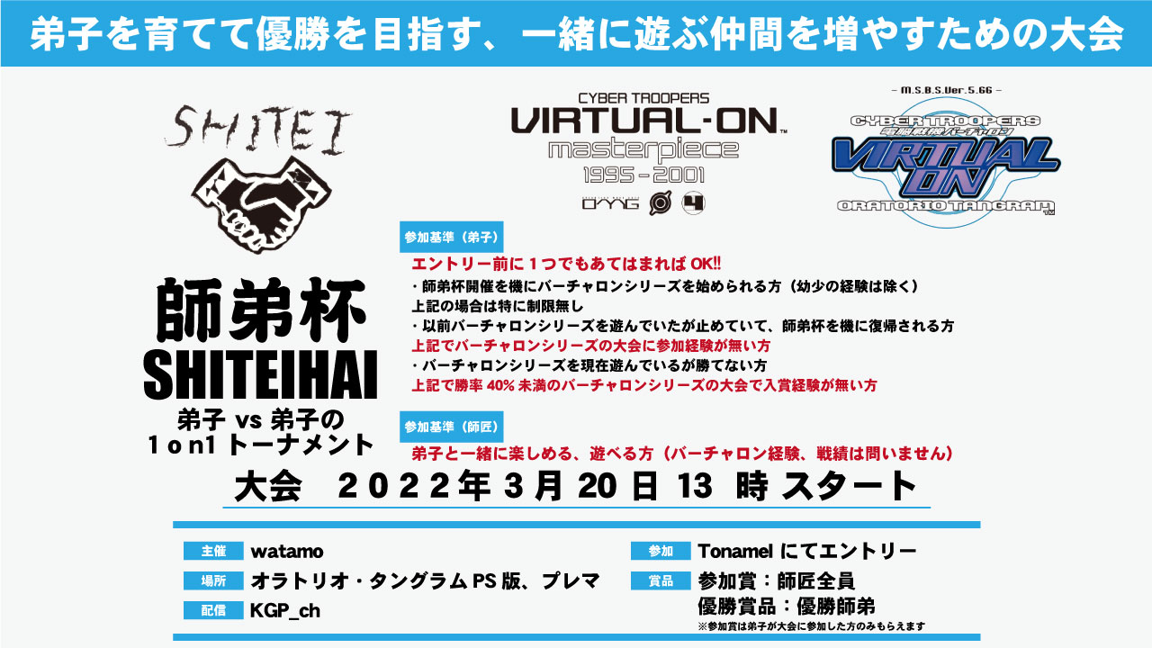 Shitei 出張型個人主催格闘ゲームイベント開催 運営 3月の師弟杯はバーチャロン師弟杯 オラトリオ タングラムで開催いたします 日時 22 3 13時 機種 Ps版 この機会に師弟杯に参加してバーチャロンで遊ぶ仲間を増やしてみませんか 師弟 Shitei 出張型個人主催格闘ゲームイベント開催 運営 3月の師弟杯はバーチャロン師弟杯 オラトリオ タングラムで開催いたします 日時 22 3 13時 機種 Ps版 この機会に師弟杯に参加してバーチャロンで遊ぶ仲間を増やしてみませんか 師弟