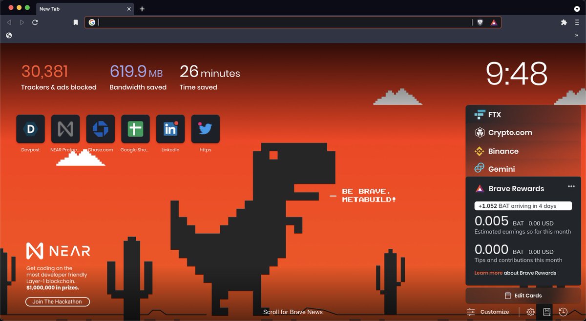 ChrisGhent's tweet image. Be @brave. #MetaBUILD on #NEARProtocol!

Join the hackathon: metabuild.devpost.com

AND explore hackathon challenges from partners like @auroraisnear @ParasHQ @mintbase  @fluxprotocol @graphprotocol 🦁🌿