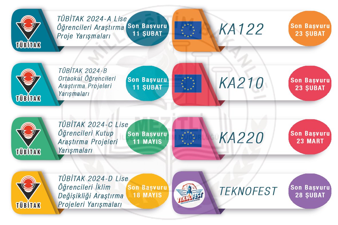 TÜBİTAK, Erasmus+ ve TEKNOFEST başvuru türleri ve son başvuru tarihleri...
<a href="/tcmeb/">Millî Eğitim Bakanlığı</a>
<a href="/Tubitak/">TÜBİTAK</a>
<a href="/teknofest/">TEKNOFEST</a>
<a href="/T3Vakfi/">TR Teknoloji Takımı</a> 
<a href="/MersinMEM/">Mersin İl Millî Eğitim Müdürlüğü</a> 
<a href="/AdemKoca46/">Adem Koca</a>
