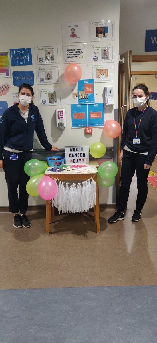 SJH physiotherapists supporting world Cancer Day. Promoting the role of exercise throughout your cancer journey #CloseTheCareGap  #exerciseoncology <a href="/stjamesdublin/">St James's Hospital</a> <a href="/niamhphysio/">Niamh Murphy</a> <a href="/sarah_moore55/">Sarah Wade</a> <a href="/sheillg/">Grainne Sheill</a>