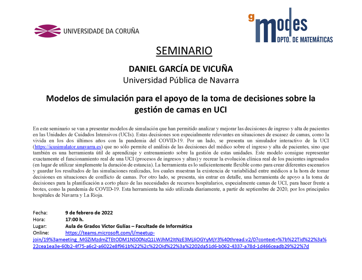 citicresearch's tweet photo. Personal investigador del CITIC organiza el seminario “Modelos de simulación para el apoyo de la toma de decisiones sobre la gestión de camas en #UCI”, impartido por Daniel García de Vicuña de la @UNavarra.
🗓️ 9 de febrero a las 17 h
📌 @FIC_UDC 
➡️ https://t.co/tpb51R8vMP https://t.co/KfUCBNgn63