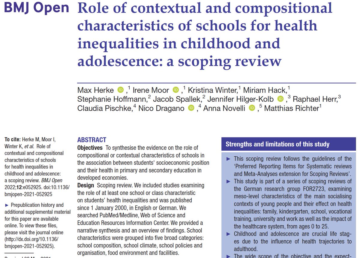 📰School represents a key institutional context for young people influencing their physical, psychological and social development!

The evidence is summarised in our newest Scoping Review, published now <a href="/BMJ_Open/">BMJ_Open</a>: doi.org/10.1136/bmjope…

Congratulations to all involved!
#for2723