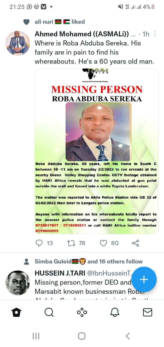 It is now 48hrs since Mwalimu Abdub sereqa was abducted, his children, family, friend and people of marsabit county is asking #WhereIsMwalimuSereka <a href="/DCI_Kenya/">DCI KENYA</a> <a href="/IG_NPS/">Inspector General of Police- Kenya.</a> <a href="/MigunaMiguna/">Dr. Miguna Miguna</a>
