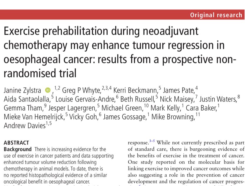 Paper of Day: I am very proud to publish our world-first findings: Exercise Prehabilitation enhances tumour regression in oesophageal cancer. A significant step forward for #cancer care on #WorldCancerDay bjsm.bmj.com/content/bjspor… @BJSM_BMJ @JanineLZylstra