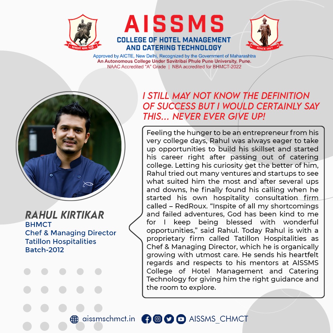 AISSMS_CHMCT's tweet photo. It's inspiring to hear how we contributed to our Alumnus Rahul Kirtikar refining his skills through trial and error is quite gratifying. AISSMS CHMCT Wishes him the best of luck on the path ahead!
#SuccesStory #Alumni #CHMCT #AISSMS https://t.co/7VRmwWoVdm